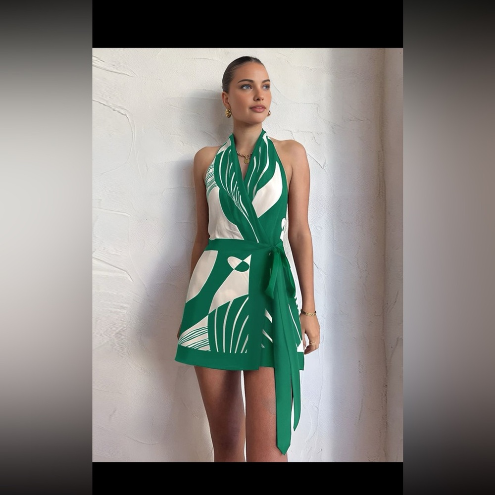 Halter Belted Short Dress - GREEN DRESS ONLY. Black shown just to show style